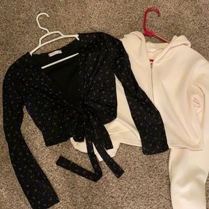 ROMWE Black Floral Tie-Front Top and Cream Zip-Up Hoodie